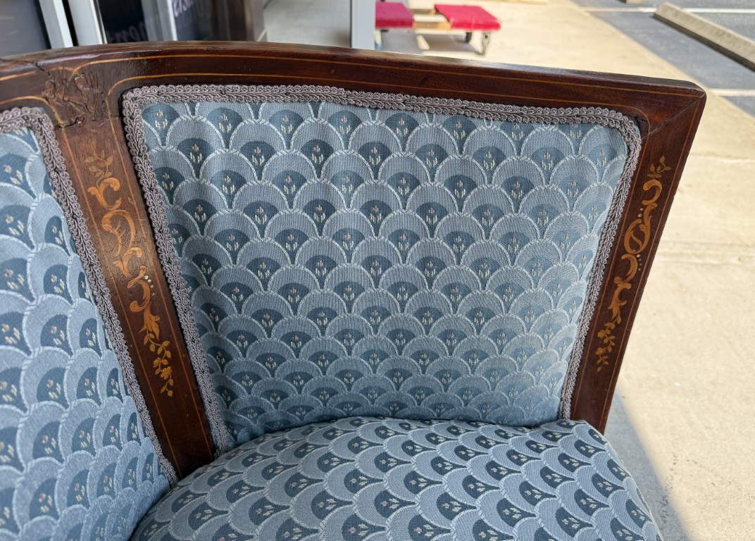 Inlaid Barrel Back Chair with Scalloped Blue Upholstery Inlaid Barrel Back Chair with Scalloped Blue Upholstery