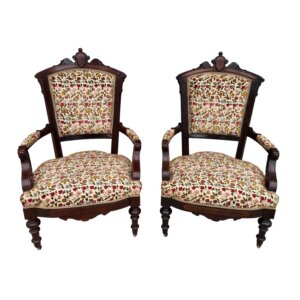 Pair of Antique Eastlake Walnut Parlor Chairs with Floral Upholstery