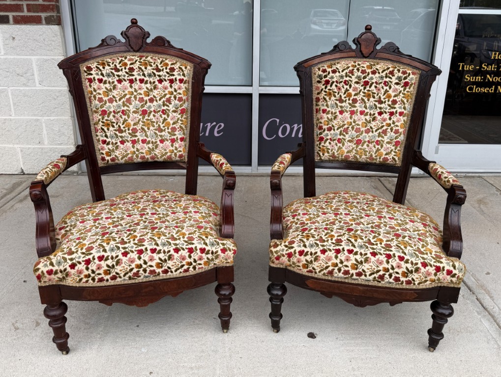 Pair of Antique Eastlake Walnut Parlor Chairs with Floral Upholstery Pair of Antique Eastlake Walnut Parlor Chairs with Floral Upholstery