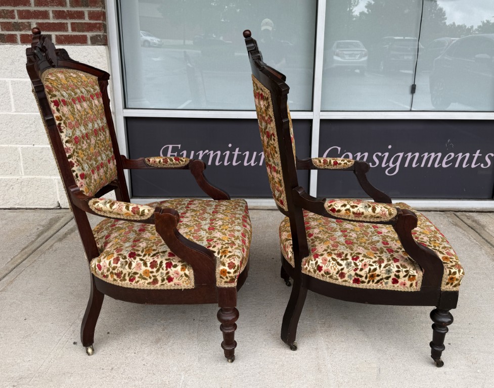 Pair of Antique Eastlake Walnut Parlor Chairs with Floral Upholstery Pair of Antique Eastlake Walnut Parlor Chairs with Floral Upholstery