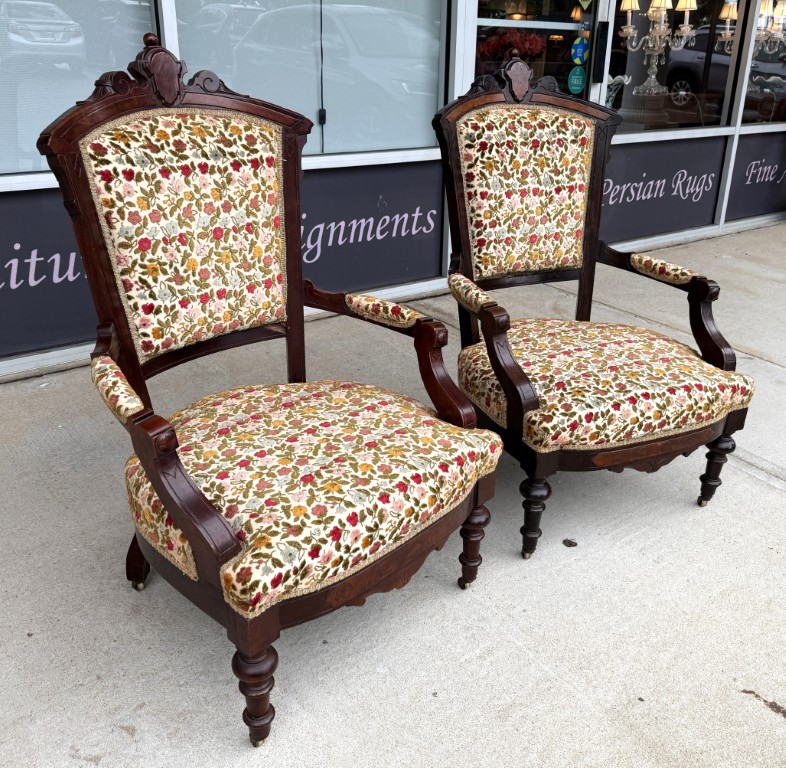 Pair of Antique Eastlake Walnut Parlor Chairs with Floral Upholstery Pair of Antique Eastlake Walnut Parlor Chairs with Floral Upholstery
