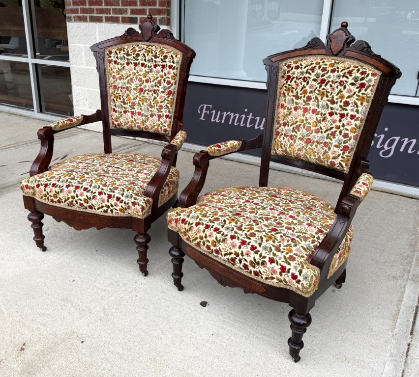 Pair of Antique Eastlake Walnut Parlor Chairs with Floral Upholstery Pair of Antique Eastlake Walnut Parlor Chairs with Floral Upholstery