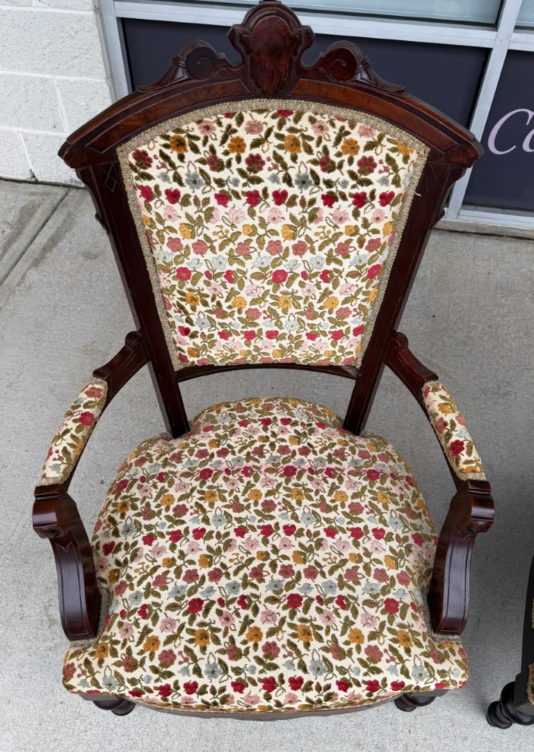 Pair of Antique Eastlake Walnut Parlor Chairs with Floral Upholstery Pair of Antique Eastlake Walnut Parlor Chairs with Floral Upholstery