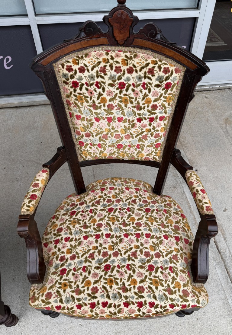 Pair of Antique Eastlake Walnut Parlor Chairs with Floral Upholstery Pair of Antique Eastlake Walnut Parlor Chairs with Floral Upholstery
