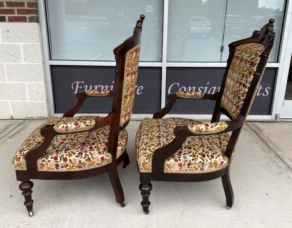 Pair of Antique Eastlake Walnut Parlor Chairs with Floral Upholstery Pair of Antique Eastlake Walnut Parlor Chairs with Floral Upholstery