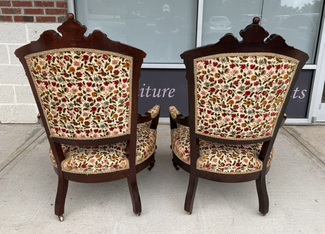 Pair of Antique Eastlake Walnut Parlor Chairs with Floral Upholstery Pair of Antique Eastlake Walnut Parlor Chairs with Floral Upholstery