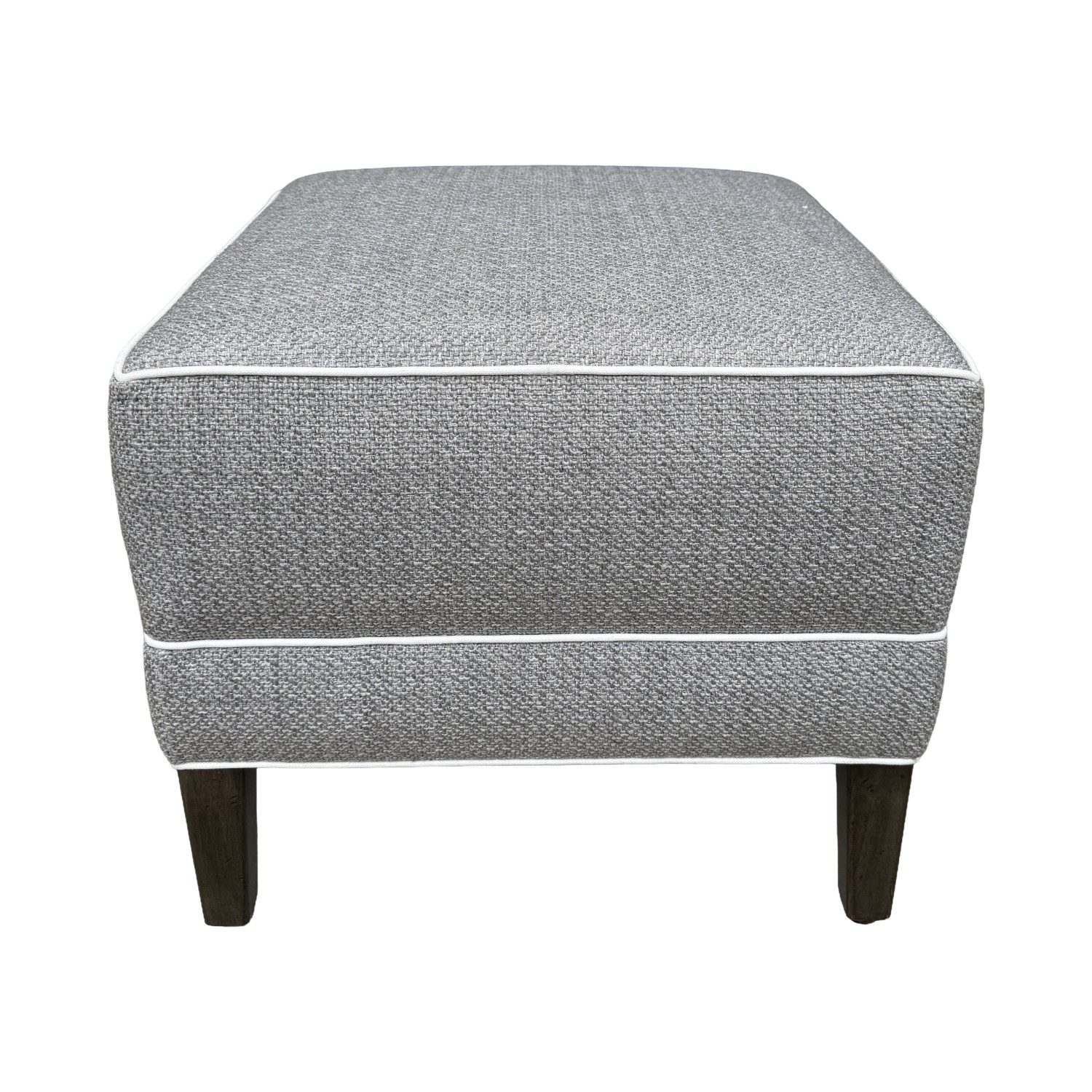 Ethan Allen Gray Upholstered Ottoman with White Piping Ethan Allen Gray Upholstered Ottoman with White Piping