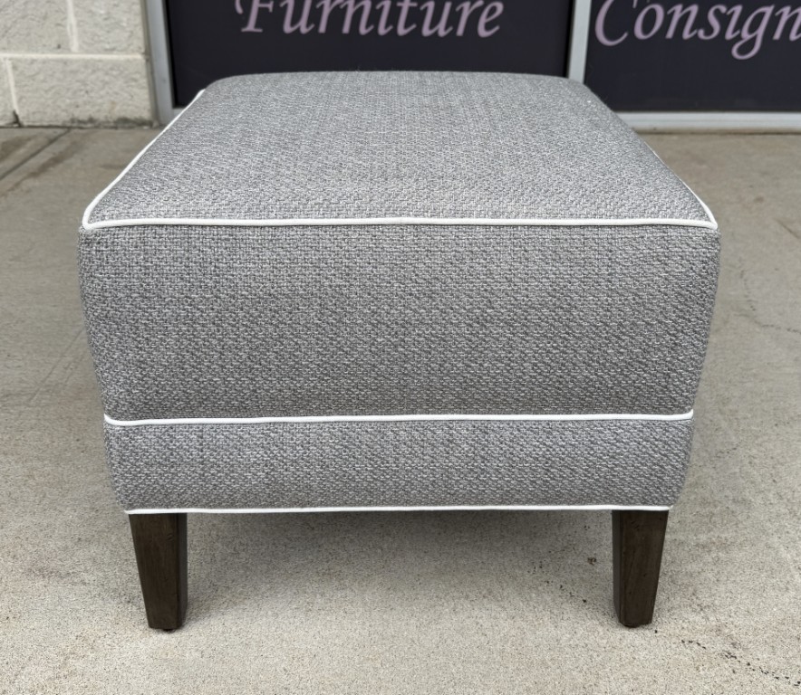 Ethan Allen Gray Upholstered Ottoman with White Piping Ethan Allen Gray Upholstered Ottoman with White Piping