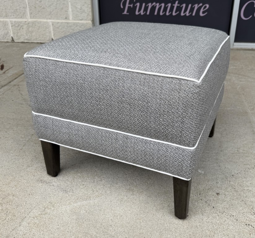 Ethan Allen Gray Upholstered Ottoman with White Piping Ethan Allen Gray Upholstered Ottoman with White Piping