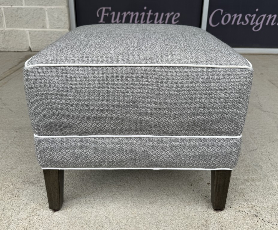 Ethan Allen Gray Upholstered Ottoman with White Piping Ethan Allen Gray Upholstered Ottoman with White Piping