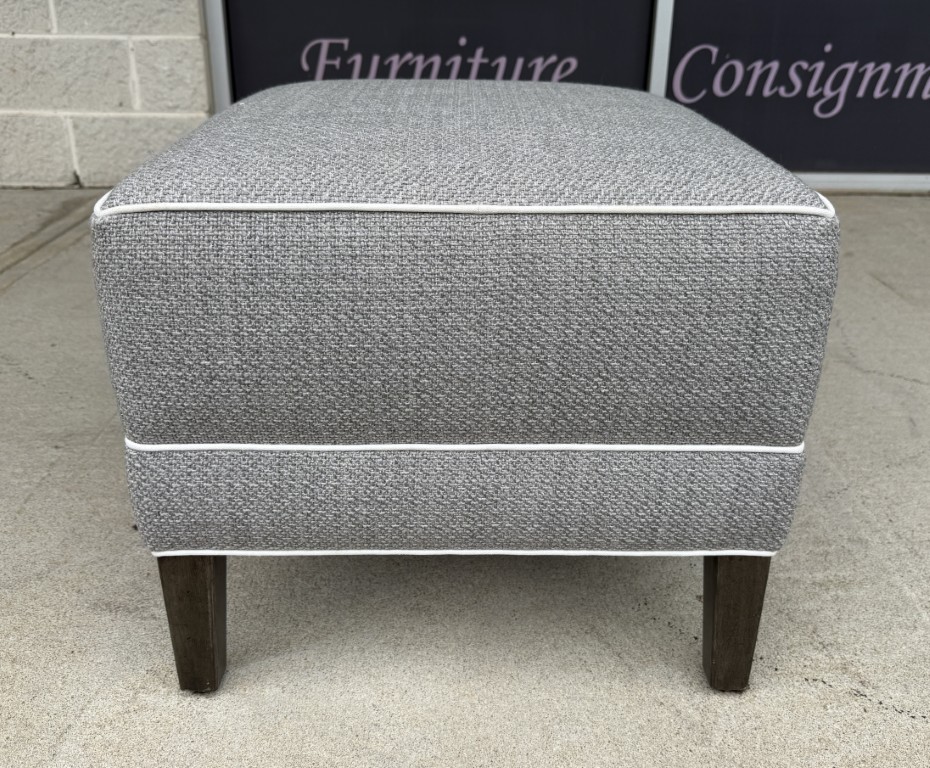 Ethan Allen Gray Upholstered Ottoman with White Piping Ethan Allen Gray Upholstered Ottoman with White Piping