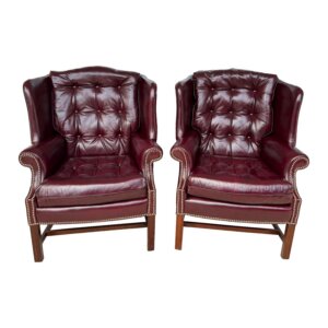 Pair of Vintage Maroon Leather Wingback Chairs by Classic Leather