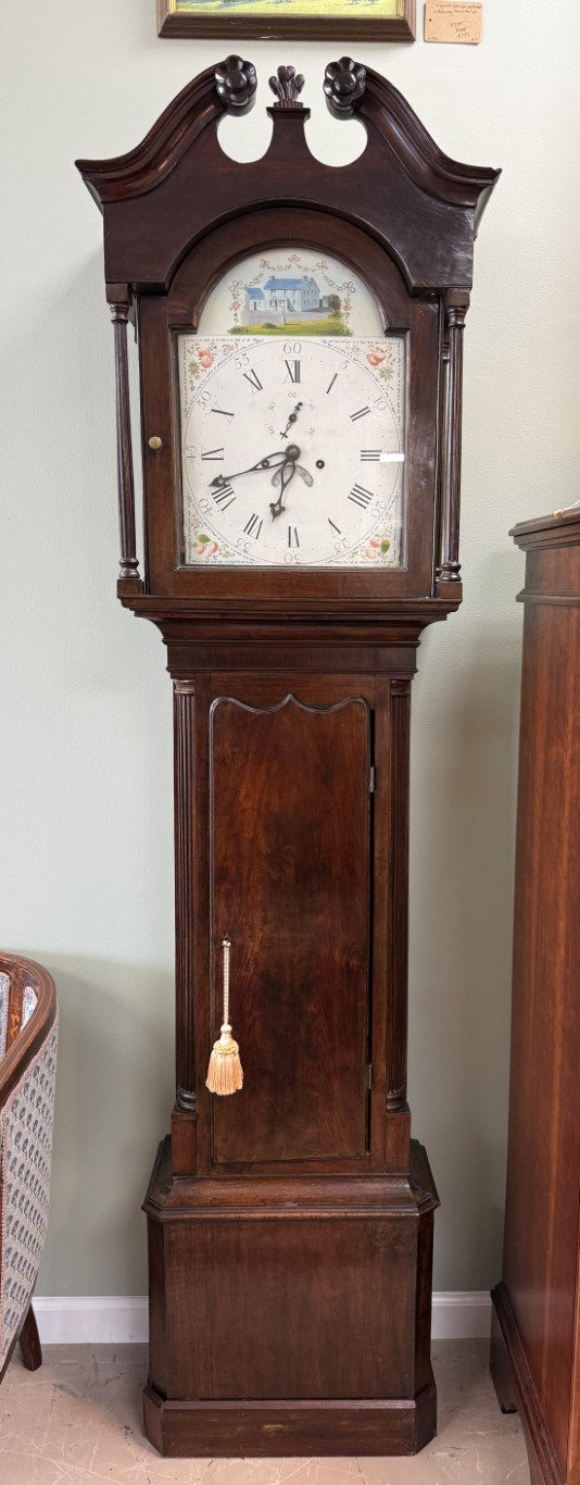 Early American Grandfather Clock Attributed to James Wilson with Hand-Painted Clock Face Early American Grandfather Clock Attributed to James Wilson with Hand-Painted Clock Face