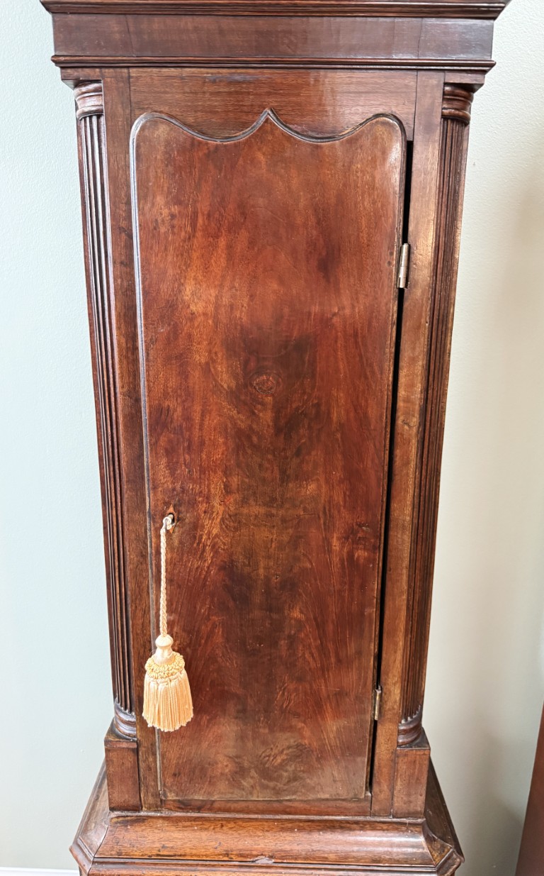 Early American Grandfather Clock Attributed to James Wilson with Hand-Painted Clock Face Early American Grandfather Clock Attributed to James Wilson with Hand-Painted Clock Face