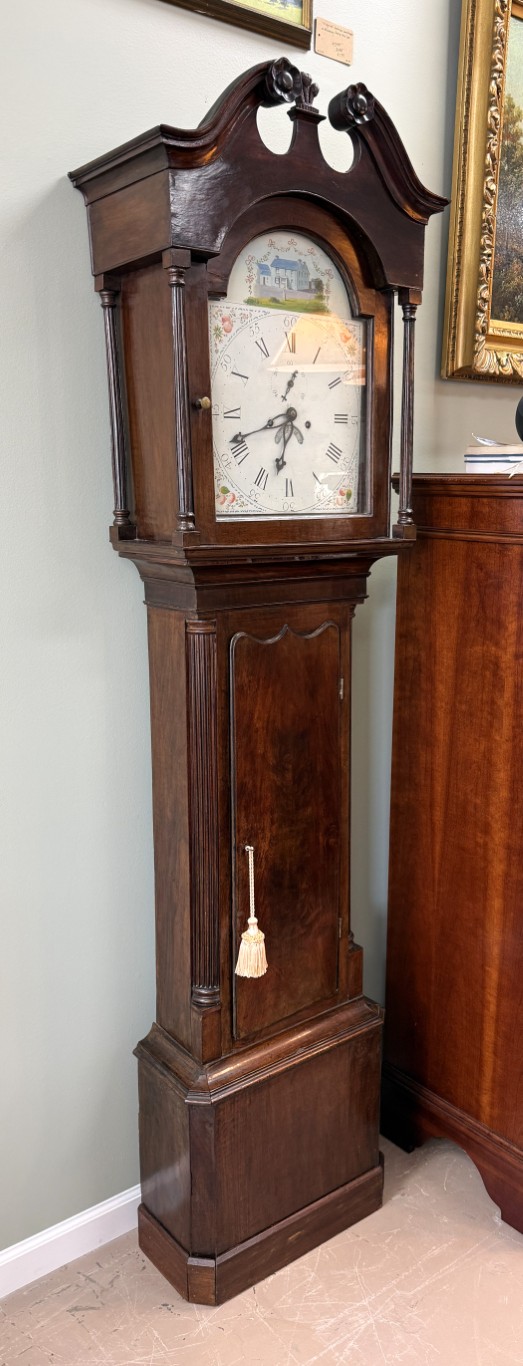 Early American Grandfather Clock Attributed to James Wilson with Hand-Painted Clock Face Early American Grandfather Clock Attributed to James Wilson with Hand-Painted Clock Face