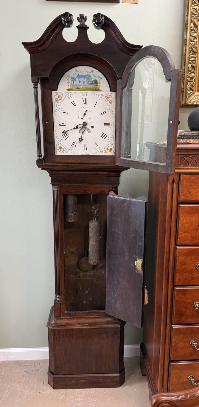 Early American Grandfather Clock Attributed to James Wilson with Hand-Painted Clock Face Early American Grandfather Clock Attributed to James Wilson with Hand-Painted Clock Face
