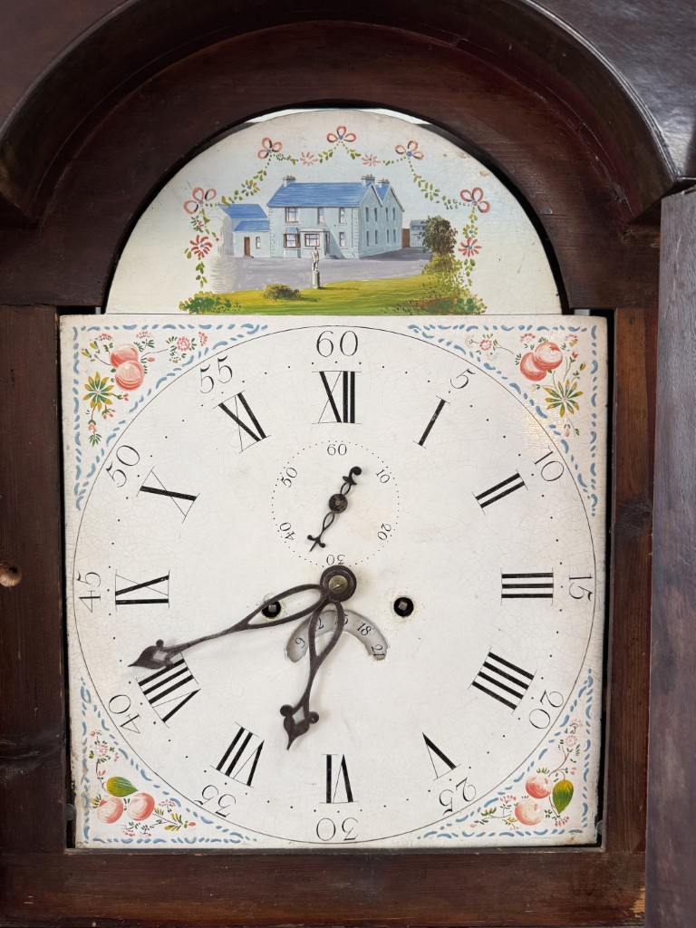 Early American Grandfather Clock Attributed to James Wilson with Hand-Painted Clock Face Early American Grandfather Clock Attributed to James Wilson with Hand-Painted Clock Face