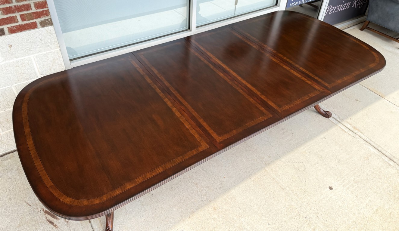 Drexel Heritage Banded Mahogany Double Pedestal Dining Table with Two Leaves Drexel Heritage Banded Mahogany Double Pedestal Dining Table with Two Leaves