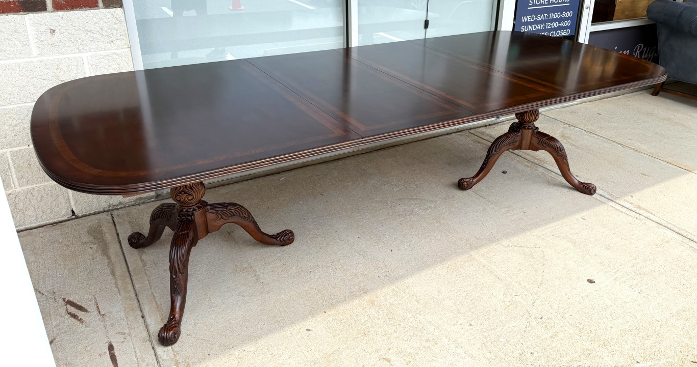 Drexel Heritage Banded Mahogany Double Pedestal Dining Table with Two Leaves Drexel Heritage Banded Mahogany Double Pedestal Dining Table with Two Leaves