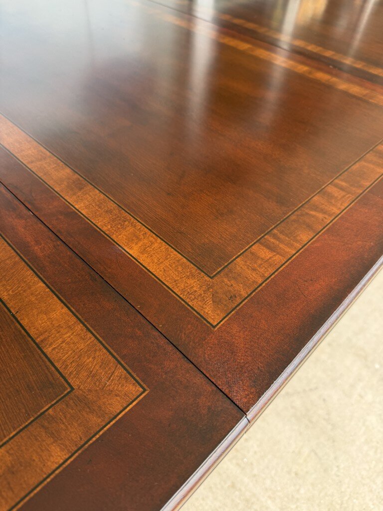 Drexel Heritage Banded Mahogany Double Pedestal Dining Table with Two Leaves Drexel Heritage Banded Mahogany Double Pedestal Dining Table with Two Leaves