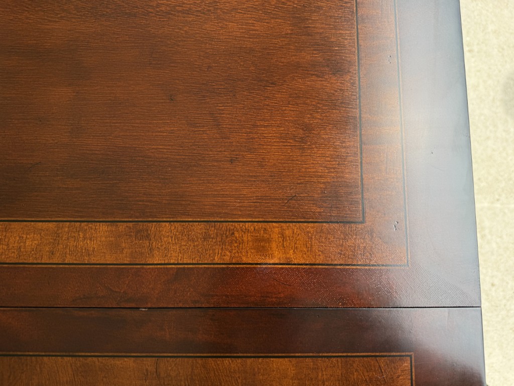 Drexel Heritage Banded Mahogany Double Pedestal Dining Table with Two Leaves Drexel Heritage Banded Mahogany Double Pedestal Dining Table with Two Leaves