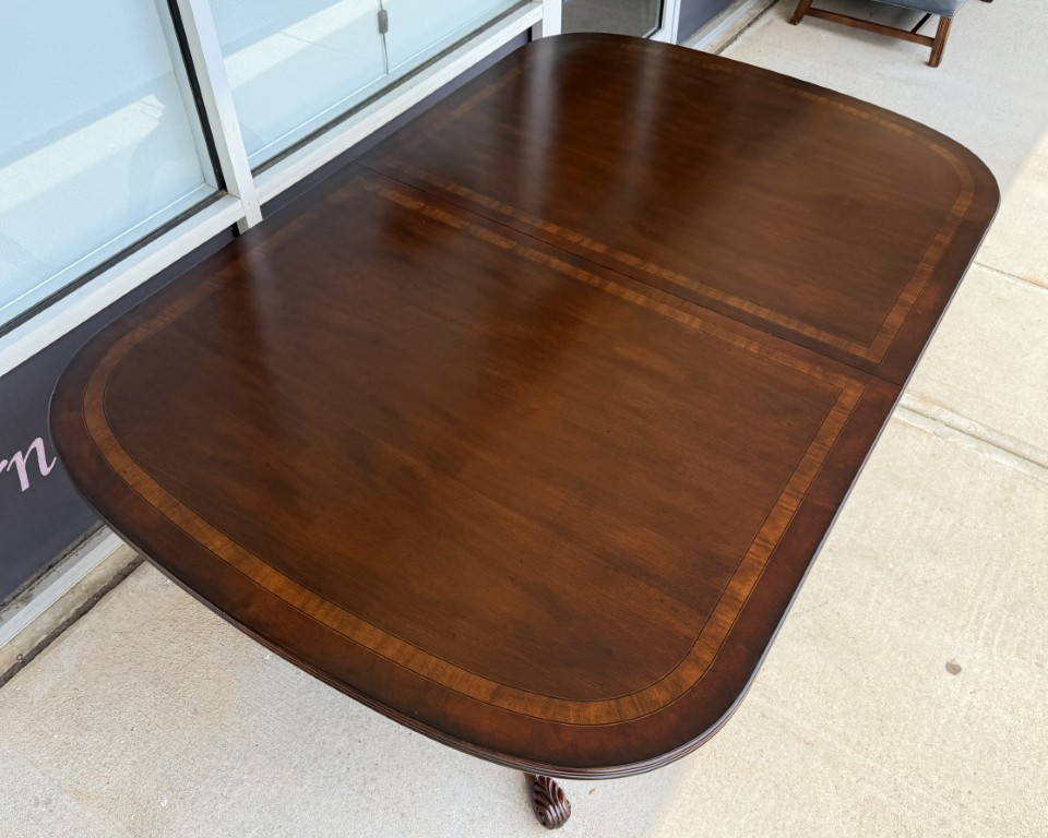Drexel Heritage Banded Mahogany Double Pedestal Dining Table with Two Leaves Drexel Heritage Banded Mahogany Double Pedestal Dining Table with Two Leaves