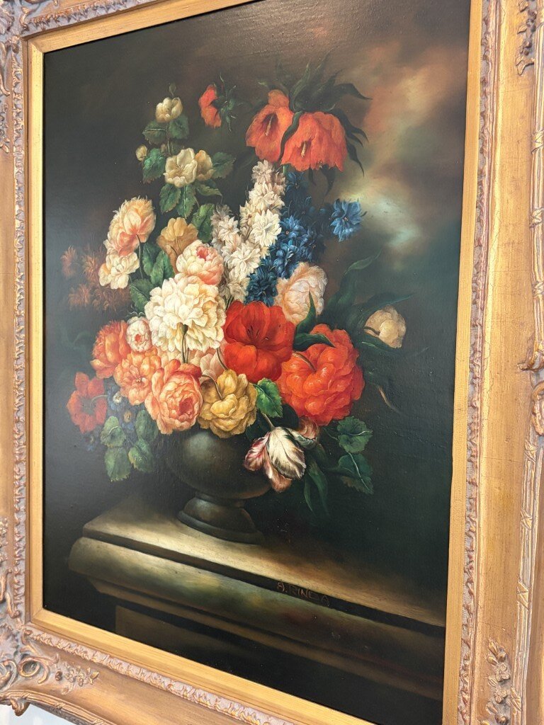 Large Signed Original Oil on Canvas Painting Still Life of Flowers in Vase Large Signed Original Oil on Canvas Painting Still Life of Flowers in Vase