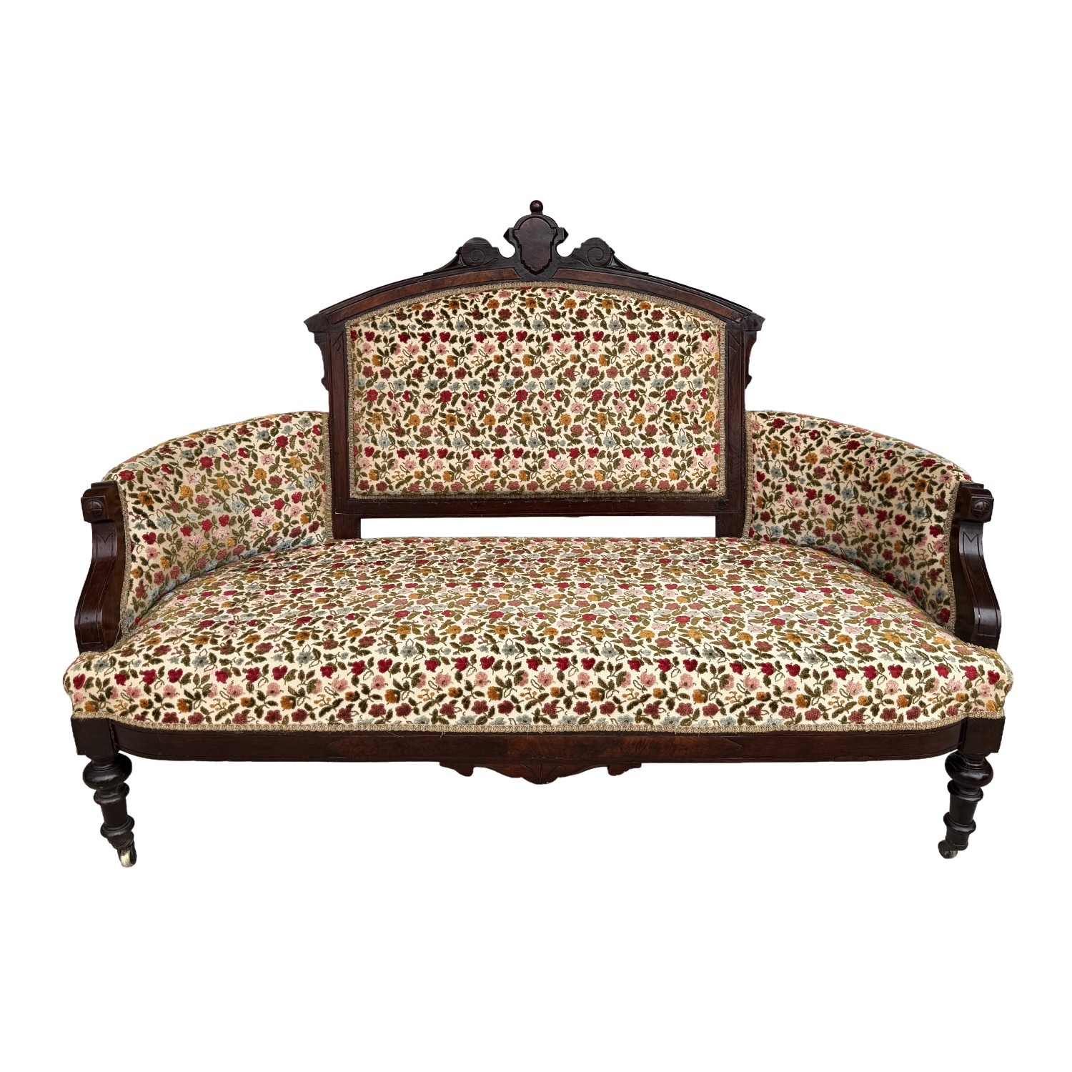 Antique Eastlake Walnut Settee with Floral Upholstery Antique Eastlake Walnut Settee with Floral Upholstery