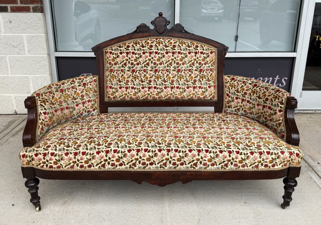 Antique Eastlake Walnut Settee with Floral Upholstery Antique Eastlake Walnut Settee with Floral Upholstery