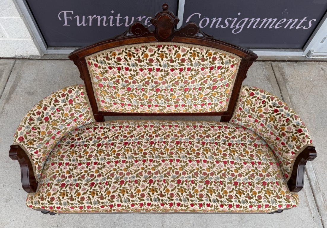 Antique Eastlake Walnut Settee with Floral Upholstery Antique Eastlake Walnut Settee with Floral Upholstery