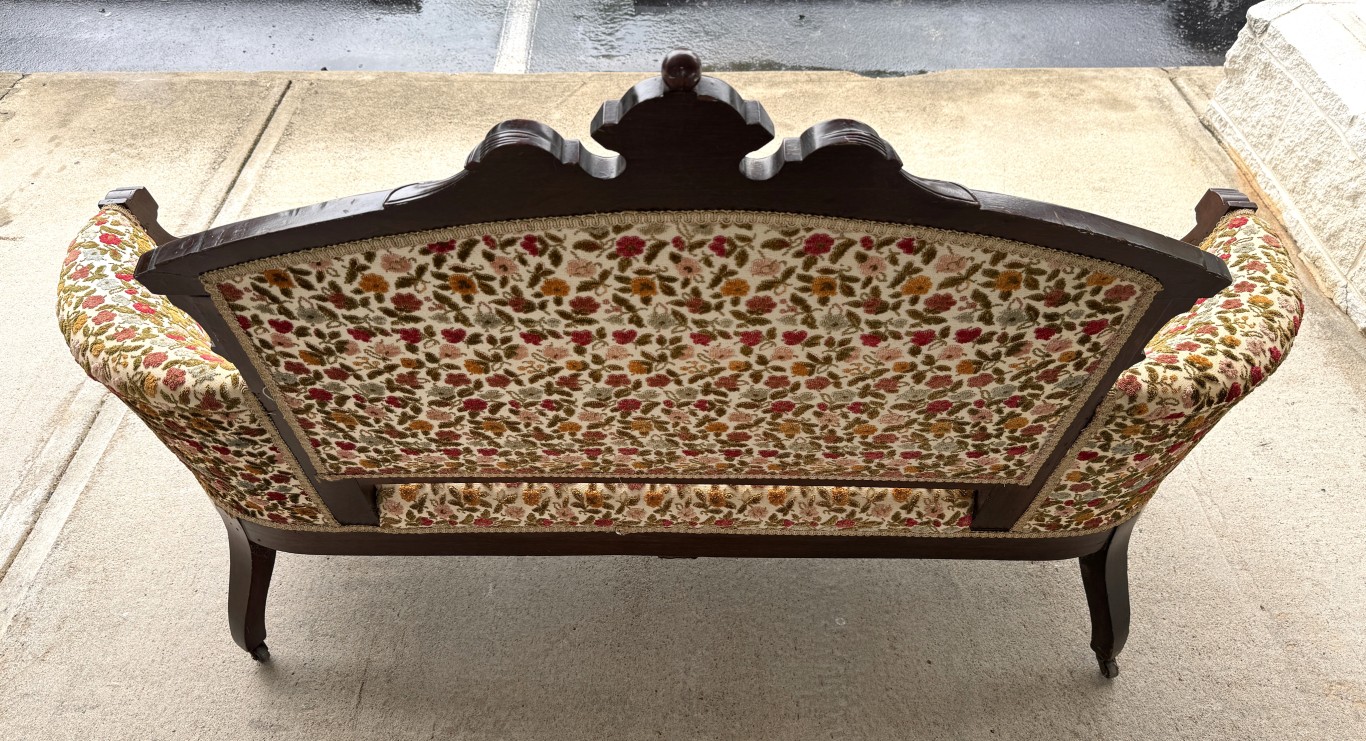 Antique Eastlake Walnut Settee with Floral Upholstery Antique Eastlake Walnut Settee with Floral Upholstery