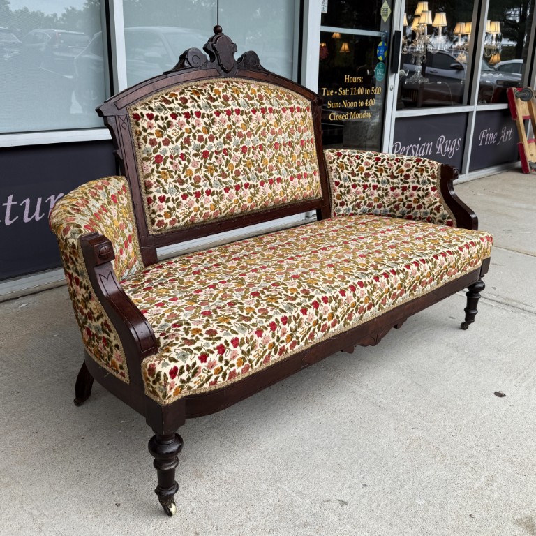 Antique Eastlake Walnut Settee with Floral Upholstery Antique Eastlake Walnut Settee with Floral Upholstery
