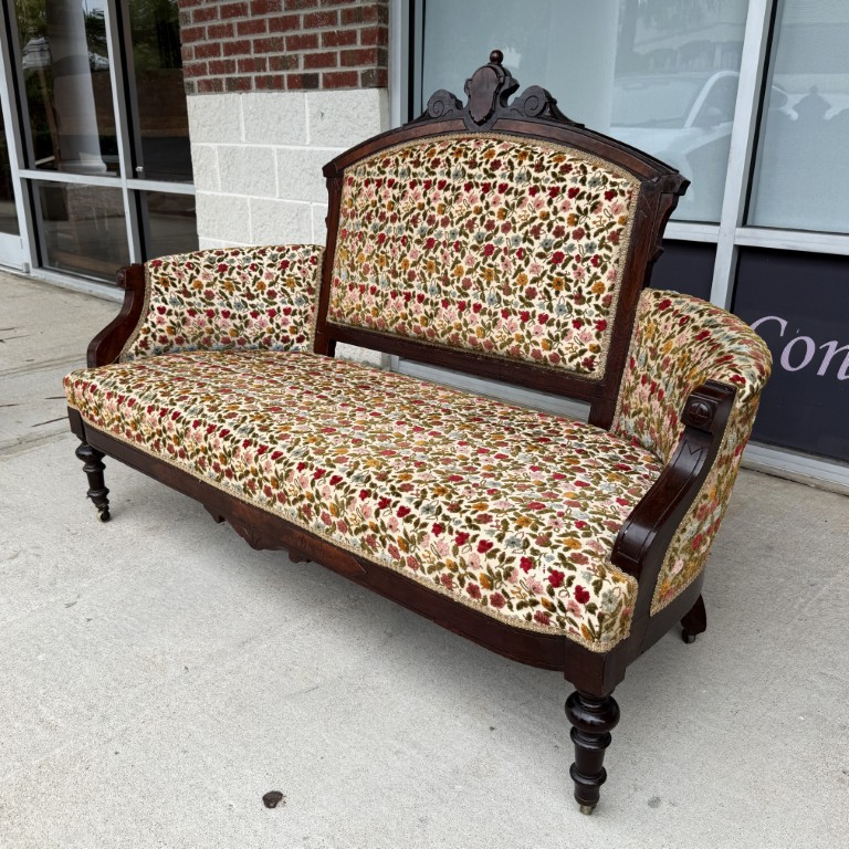 Antique Eastlake Walnut Settee with Floral Upholstery Antique Eastlake Walnut Settee with Floral Upholstery