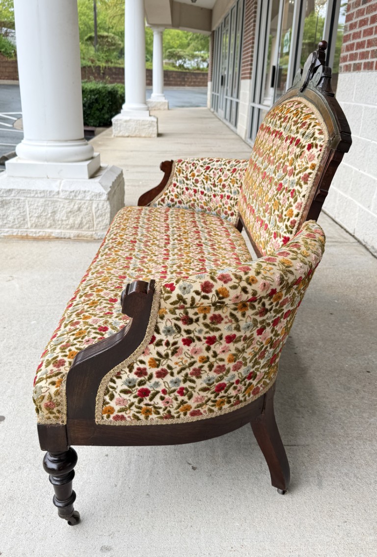 Antique Eastlake Walnut Settee with Floral Upholstery Antique Eastlake Walnut Settee with Floral Upholstery