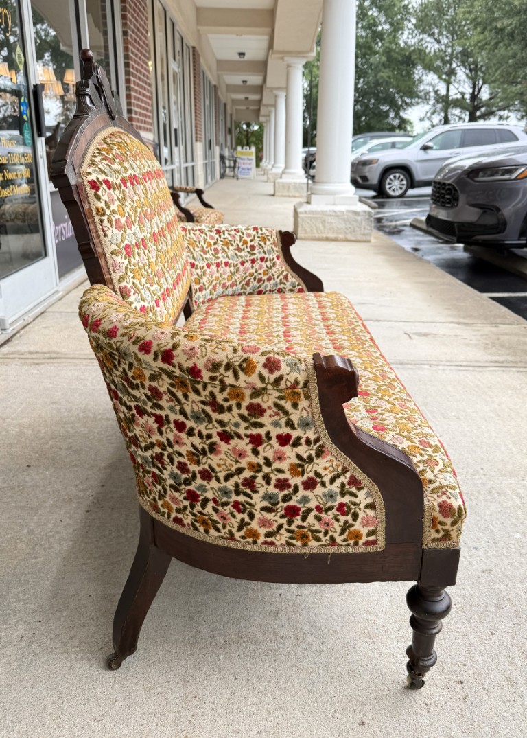 Antique Eastlake Walnut Settee with Floral Upholstery Antique Eastlake Walnut Settee with Floral Upholstery