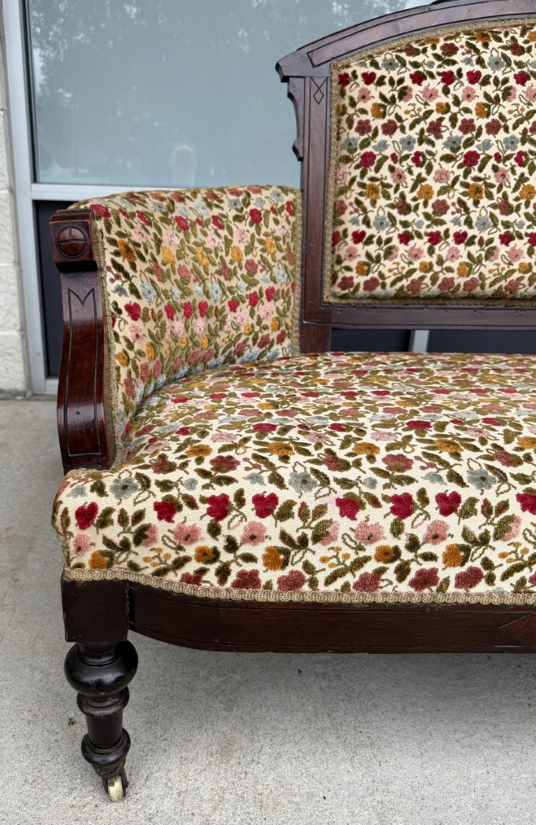 Antique Eastlake Walnut Settee with Floral Upholstery Antique Eastlake Walnut Settee with Floral Upholstery
