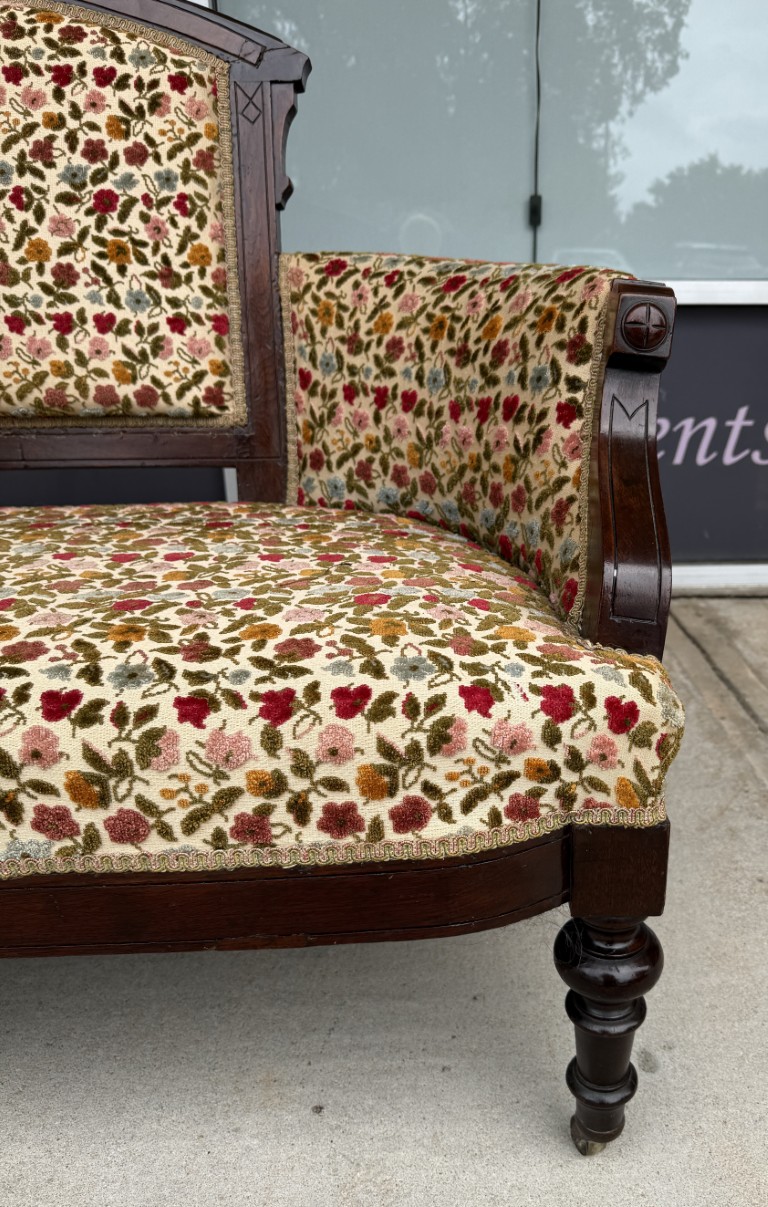 Antique Eastlake Walnut Settee with Floral Upholstery Antique Eastlake Walnut Settee with Floral Upholstery