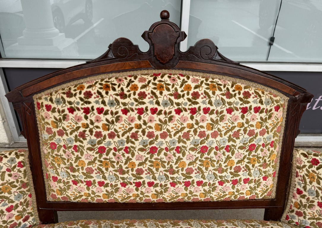 Antique Eastlake Walnut Settee with Floral Upholstery Antique Eastlake Walnut Settee with Floral Upholstery