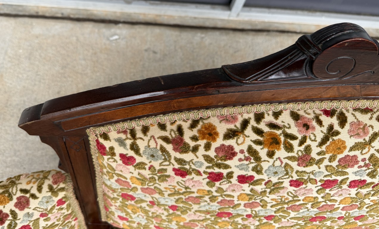 Antique Eastlake Walnut Settee with Floral Upholstery Antique Eastlake Walnut Settee with Floral Upholstery