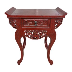 Tall Red Chinoiserie Accent Table with Intricate Carvings