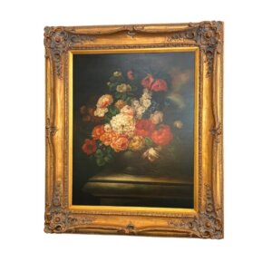 Large Signed Original Oil on Canvas Painting Still Life of Flowers in Vase