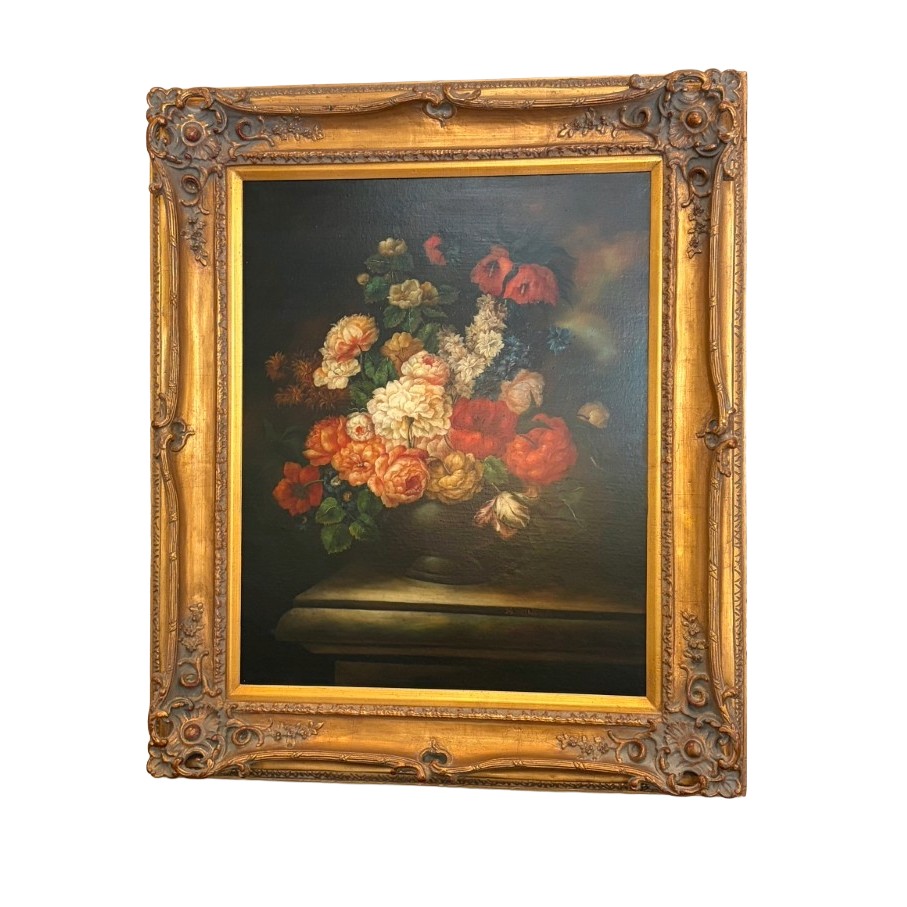 Large Signed Original Oil on Canvas Painting Still Life of Flowers in Vase Large Signed Original Oil on Canvas Painting Still Life of Flowers in Vase