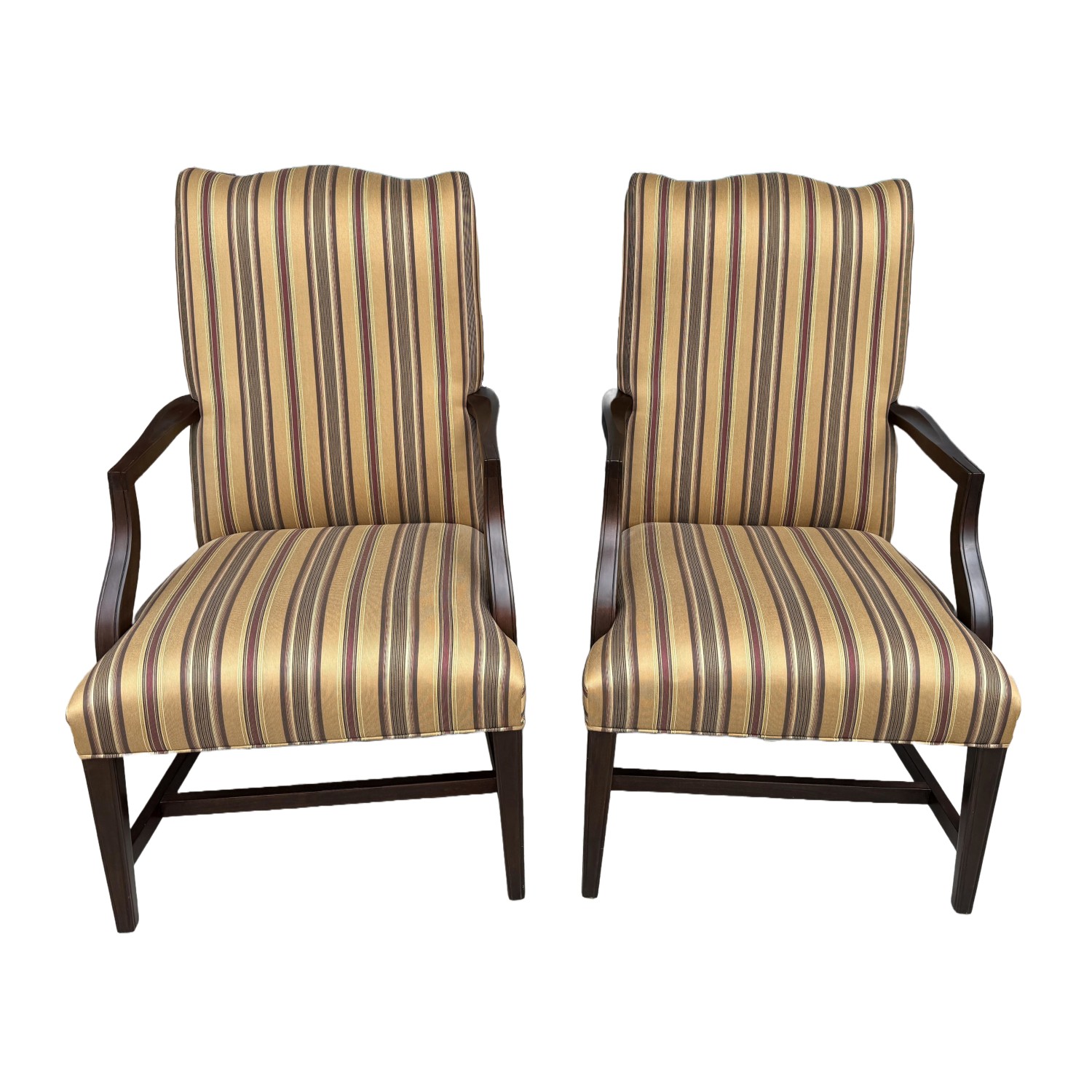 Pair of Ethan Allen High Back Arm Chairs with Striped Upholstery Pair of Ethan Allen High Back Arm Chairs with Striped Upholstery