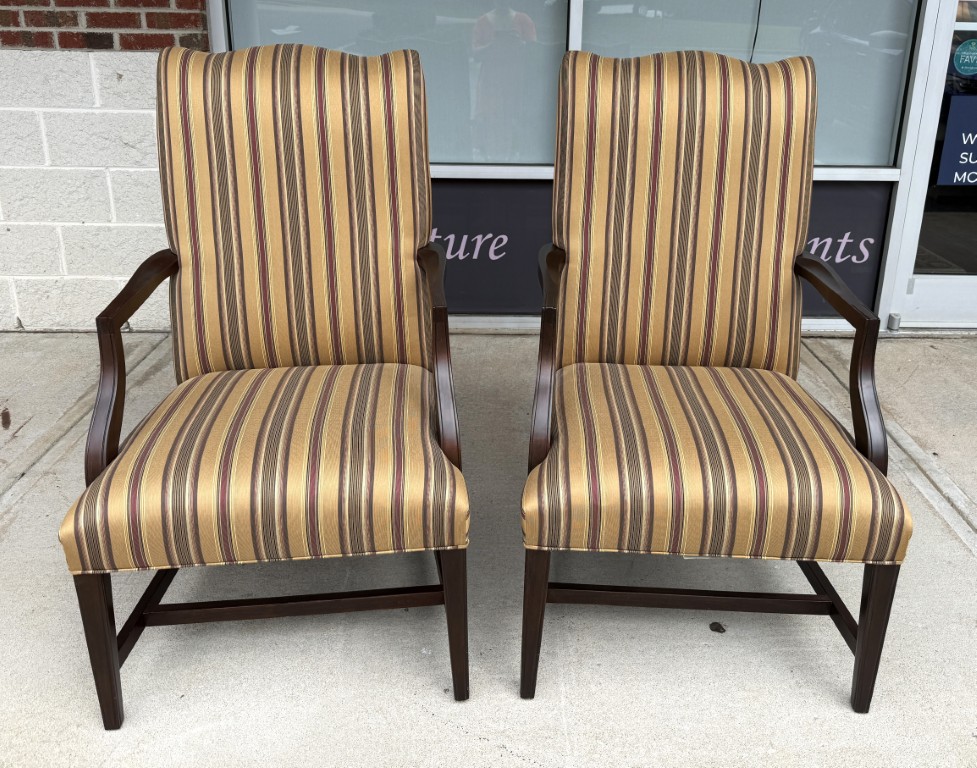 Pair of Ethan Allen High Back Arm Chairs with Striped Upholstery Pair of Ethan Allen High Back Arm Chairs with Striped Upholstery