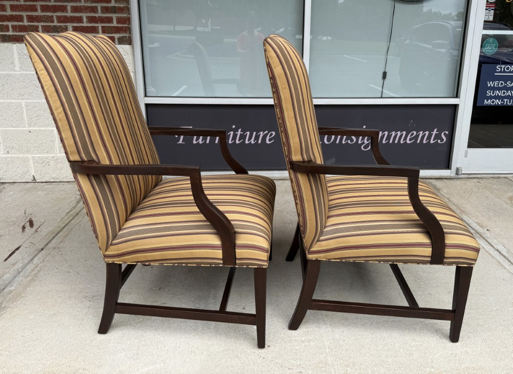 Pair of Ethan Allen High Back Arm Chairs with Striped Upholstery Pair of Ethan Allen High Back Arm Chairs with Striped Upholstery