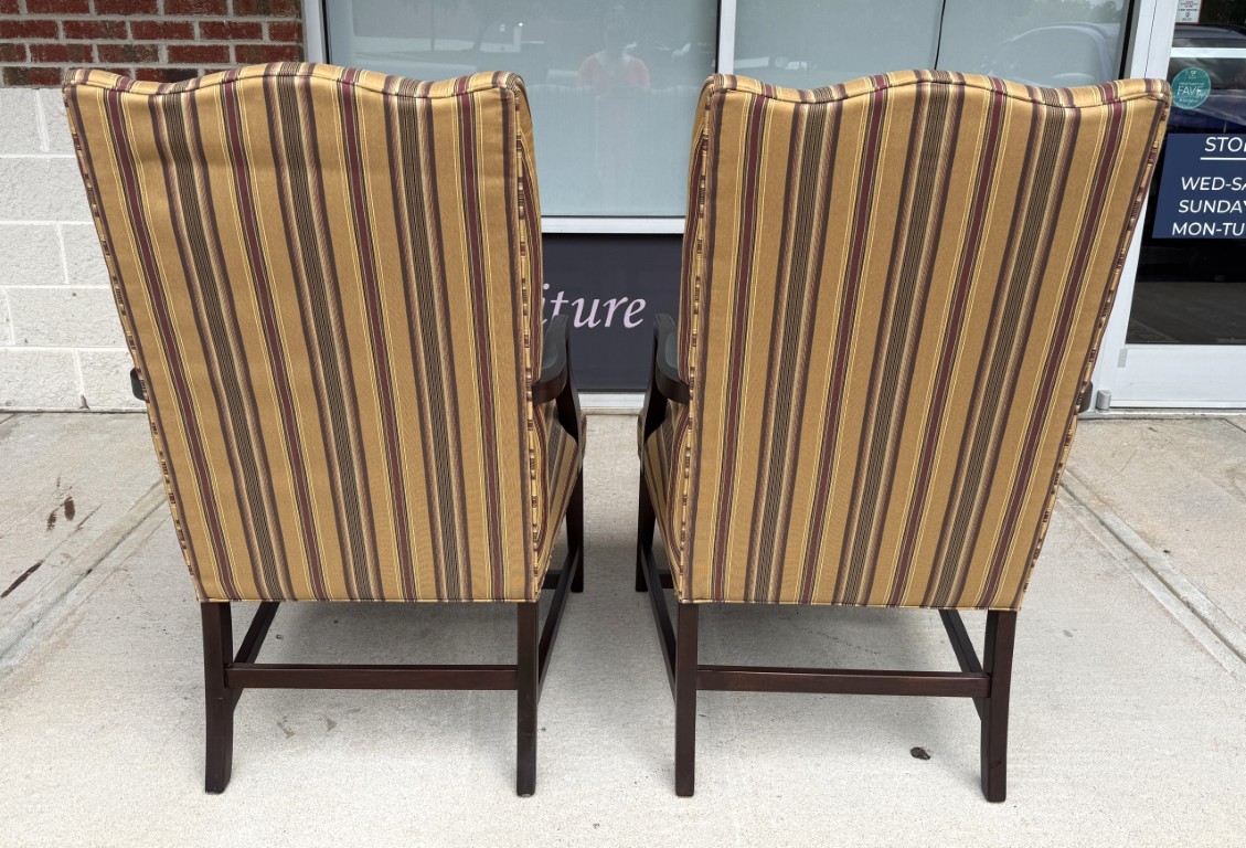 Pair of Ethan Allen High Back Arm Chairs with Striped Upholstery Pair of Ethan Allen High Back Arm Chairs with Striped Upholstery