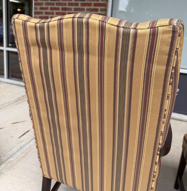 Pair of Ethan Allen High Back Arm Chairs with Striped Upholstery Pair of Ethan Allen High Back Arm Chairs with Striped Upholstery