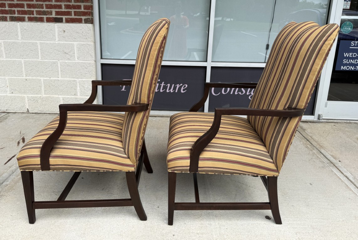 Pair of Ethan Allen High Back Arm Chairs with Striped Upholstery Pair of Ethan Allen High Back Arm Chairs with Striped Upholstery
