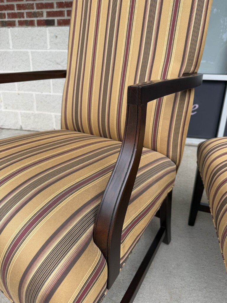 Pair of Ethan Allen High Back Arm Chairs with Striped Upholstery Pair of Ethan Allen High Back Arm Chairs with Striped Upholstery