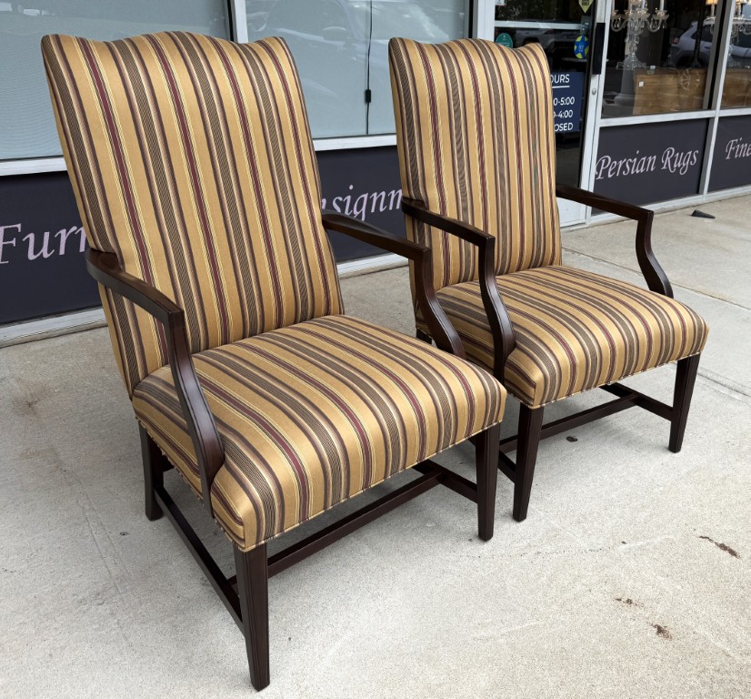 Pair of Ethan Allen High Back Arm Chairs with Striped Upholstery Pair of Ethan Allen High Back Arm Chairs with Striped Upholstery